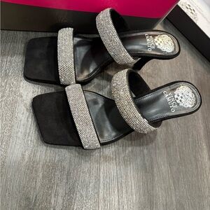 Vince Camuto Black Slide Sandal with Silver Crystal Straps
